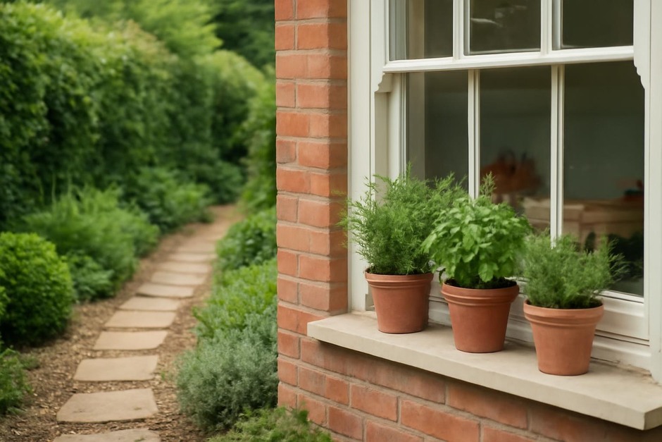 Neat garden path beside a tidy kitchen window with potted herbs