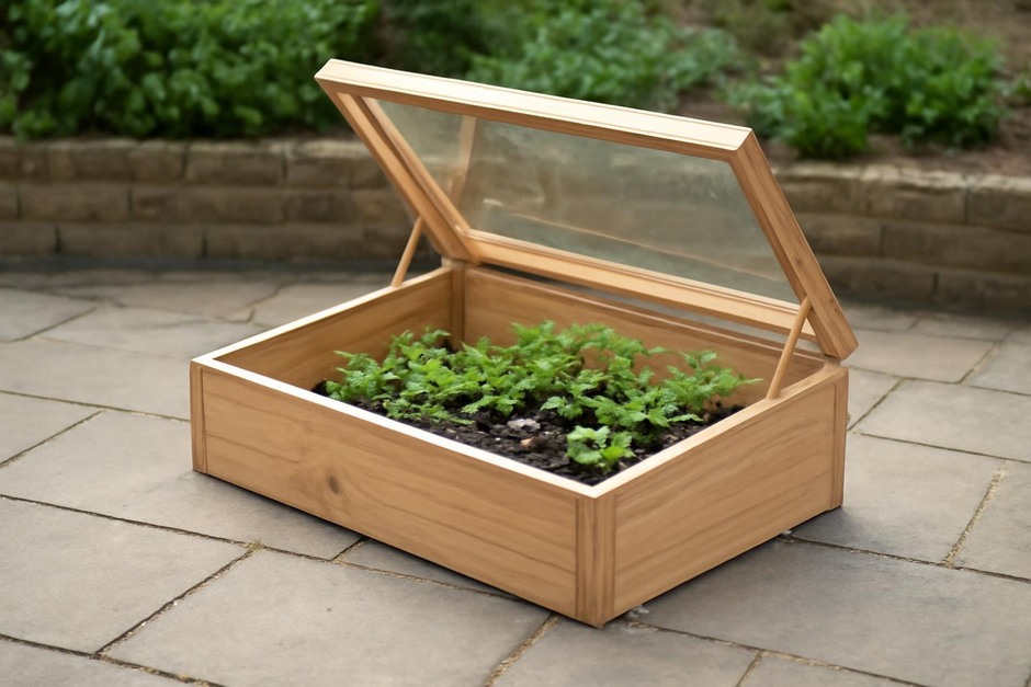 Wooden portable cold frame with clear lid on a patio filled with seedlings