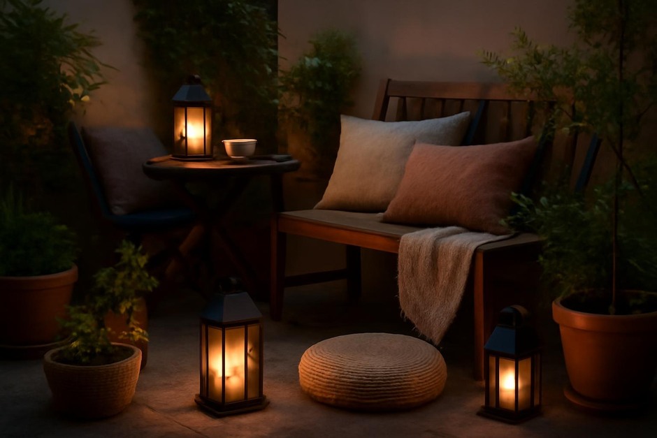 A small patio lit by lanterns with cushions and potted plants in the evening