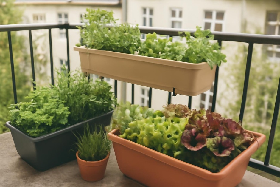 Small potager on a balcony with mixed herbs and lettuces in containers